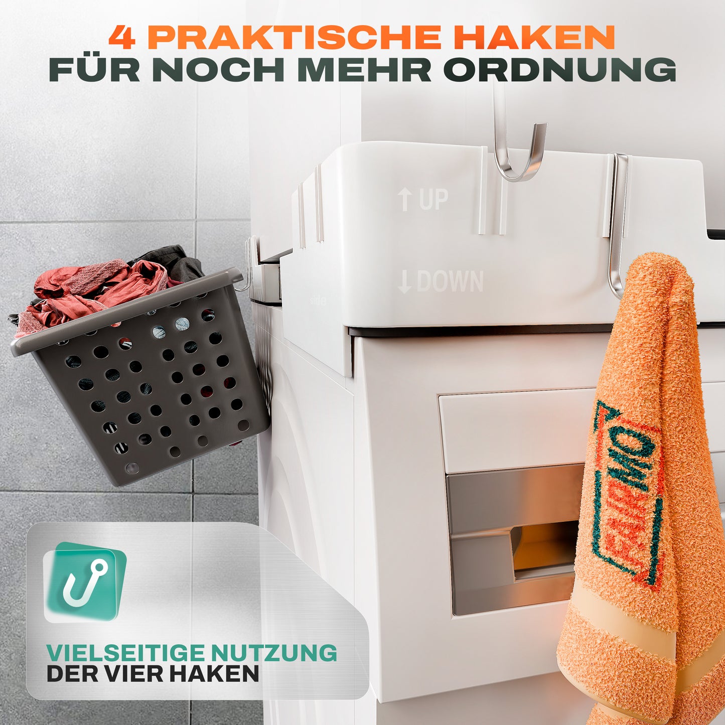 Der verstellbare Zwischenbaurahmen Trockner Waschmaschine (universal 46-66cm) inkl. 4x Haken - Waschmaschinen Verbindungsrahmen (400kg Belastung) - Trockner auf Waschmaschine stellen Verbindungsrahmen
