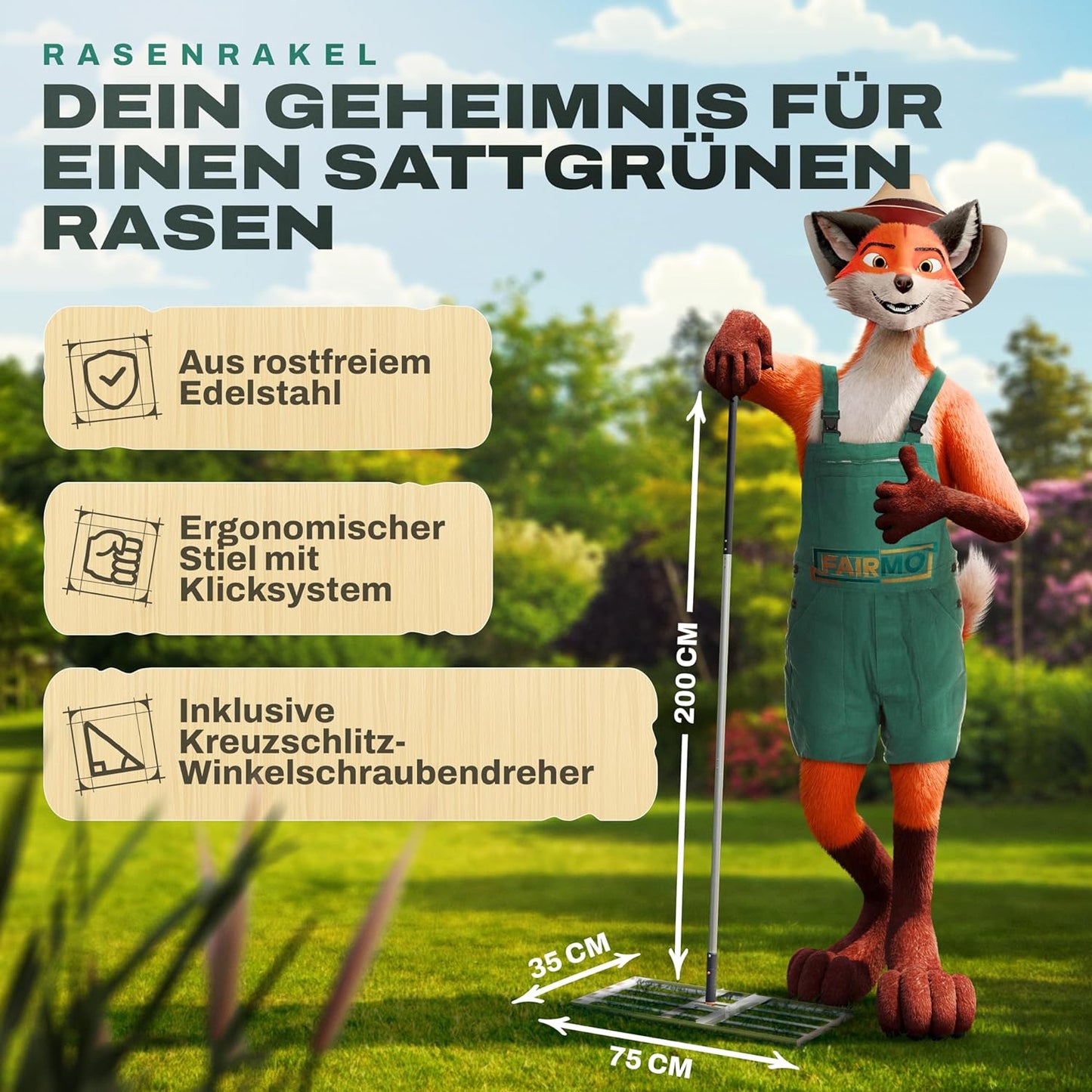 Der handliche Rasenrakel Edelstahl (75x35 cm) von FAIRMO - Rakel für Rasen inkl. 2 Meter Stiel