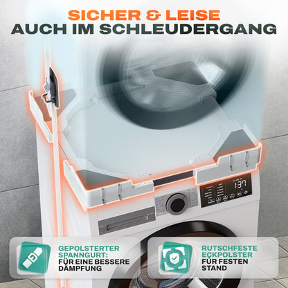 Der verstellbare Zwischenbaurahmen Trockner Waschmaschine (universal 46-66cm) inkl. 4x Haken - Waschmaschinen Verbindungsrahmen (400kg Belastung) - Trockner auf Waschmaschine stellen Verbindungsrahmen